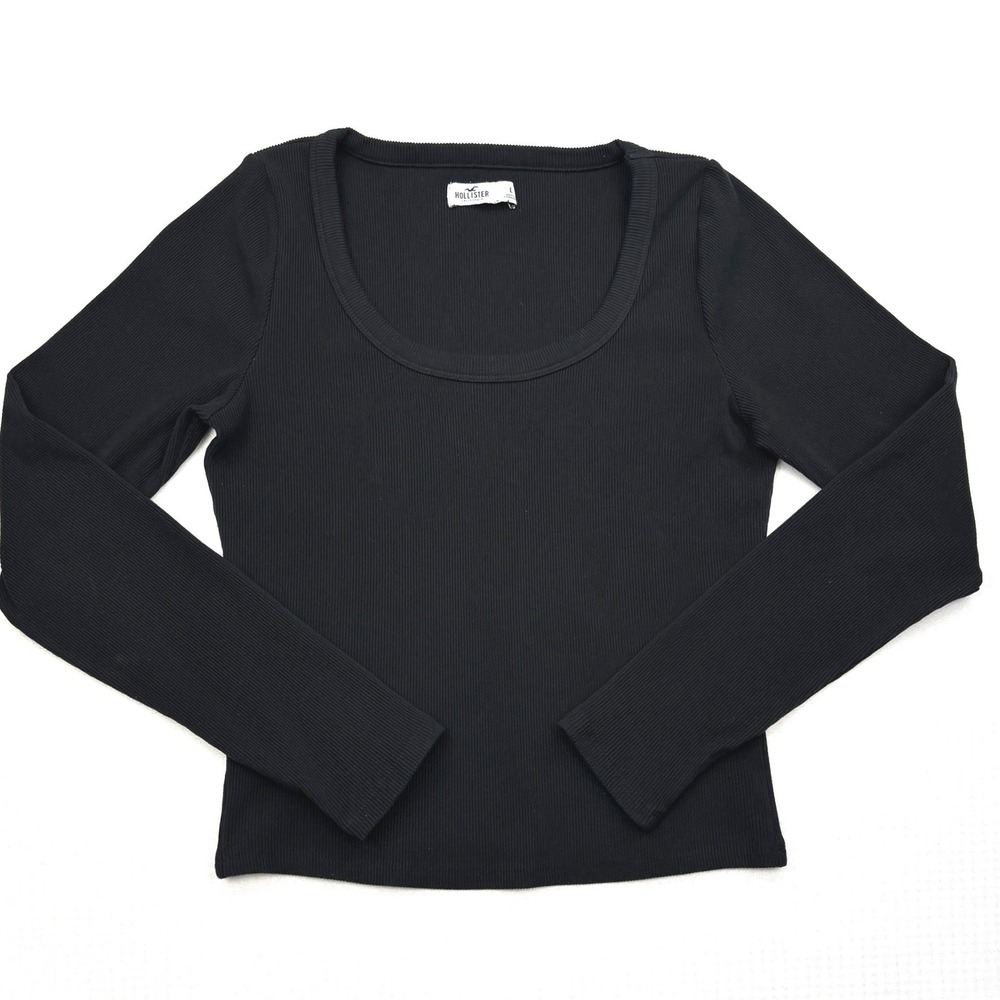 Hollister Womens Large Black Ribbed Scoop Neck Long Sleeve Baby Tee Top 339L3705